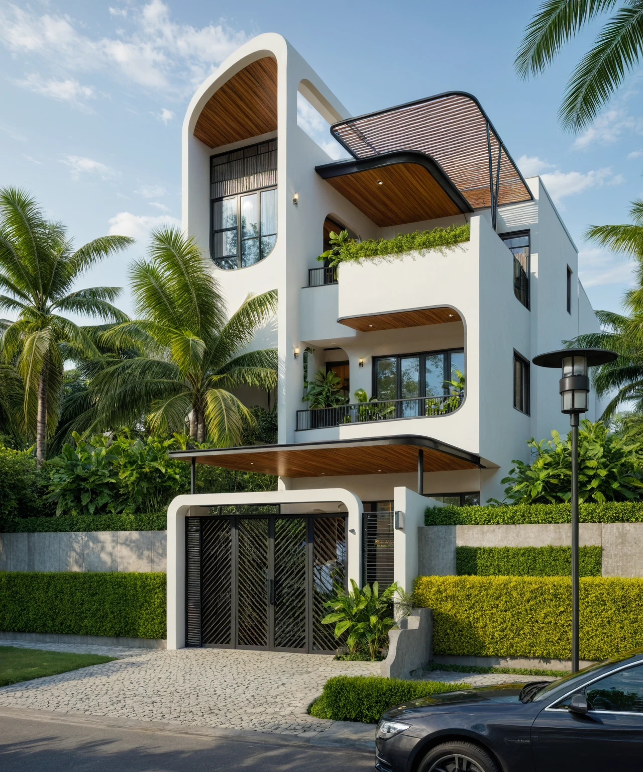 The tall and narrow 3-storey house is modernly designed, with steel gates and wooden details. The outside is painted white, the front wall has many curves. The house has windows on all sides and (wooden and iron ceilings: 1,2). Materials include black steel and wood. The third floor has trees growing on the middle columns, surrounded by tropical vegetation. The scene was shot from a 24mm angle perspective, with soft, natural lighting highlighting textures and materials, creating soft shadows that highlight the curves of the front wall and wooden details.