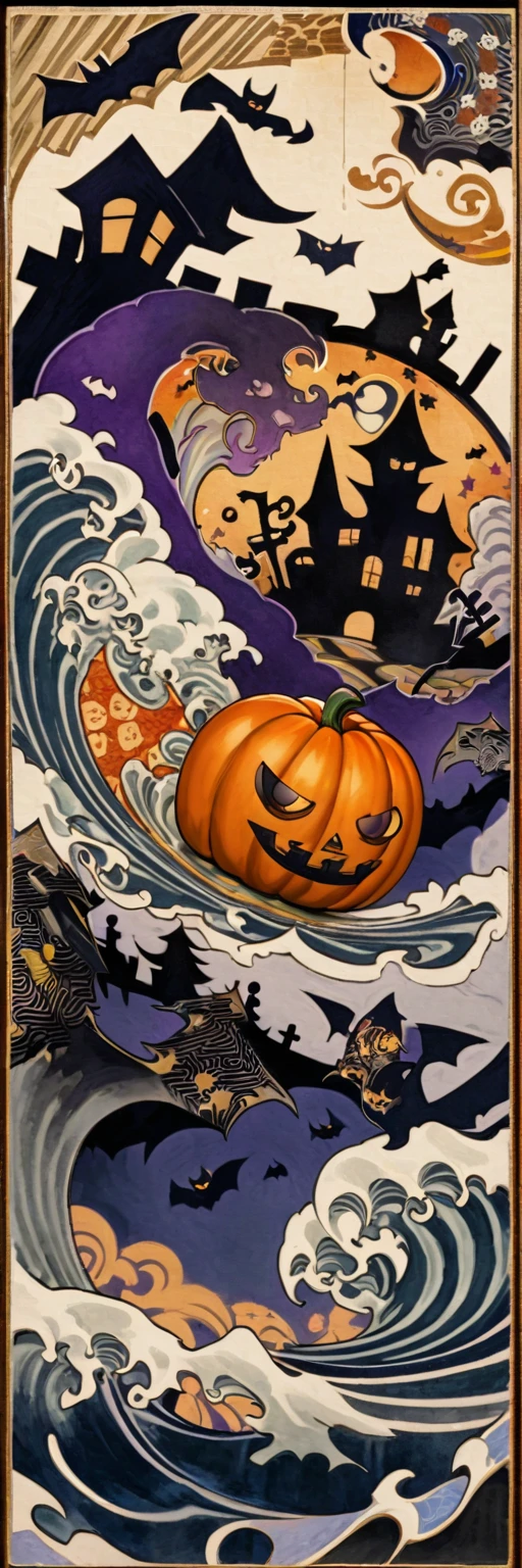 (halloween:1.8),  no humans, background only, best quality, super fine, 16k, incredibly absurdres, extremely detailed, 2.5D, delicate and dynamic, fusion of watercolors and oil paintings, mix of Japanese painting, ukiyo-e and woodblock prints, abstract symbolism, mystery, the big bang, no humans, 