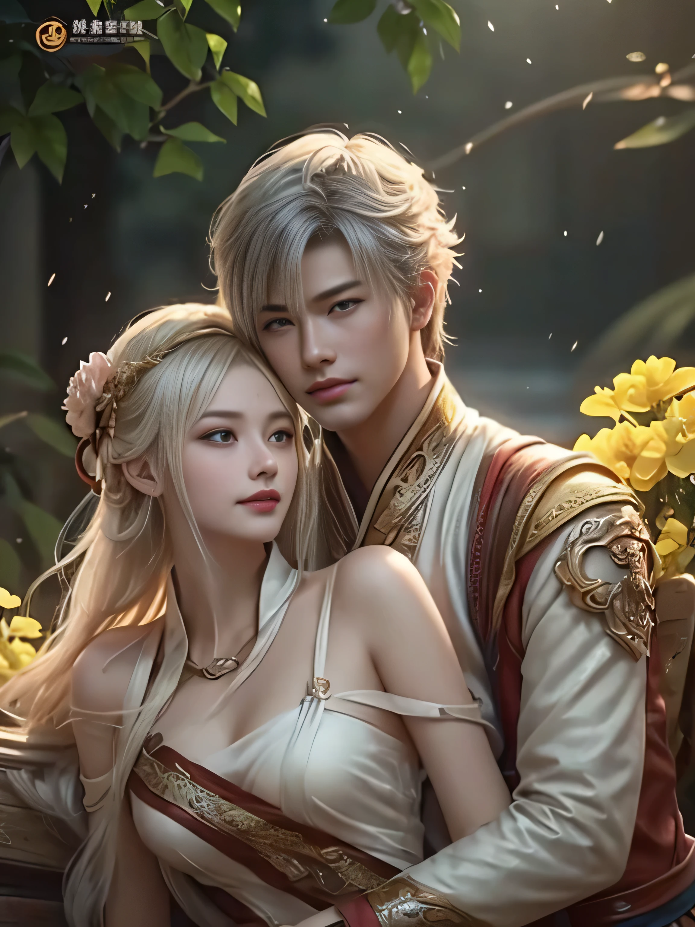 (Best Quality, Super Detail, Masterpiece, Representative Work, Official Art, Professional, Super Fine Detail, 8k:1.3), (photorealism:1.2), (Couple, Beautiful Girl and Boy), A couple in the sea of flowers, Handsome guy hugs beautiful girl from behind, Smiling and Wearing White Clothes, Delicate Hair, Chinese Beauty and Handsome Man, Wearing Ancient Chinese Clothes, Flowing Tulle, Light Silk, Create a movie poster similar to those used in Chinese romantic fantasy dramas, Correct proportions, Perfect face, perfect hands, Sweet atmosphere, Photorealistic, Sharp Focus, Dreamy Atmosphere, Delicate Details, Soft Volumetric Light, (Backlight:1.3), (Cinematic:1.2), Intricate Details, (ArtStation:1.3)