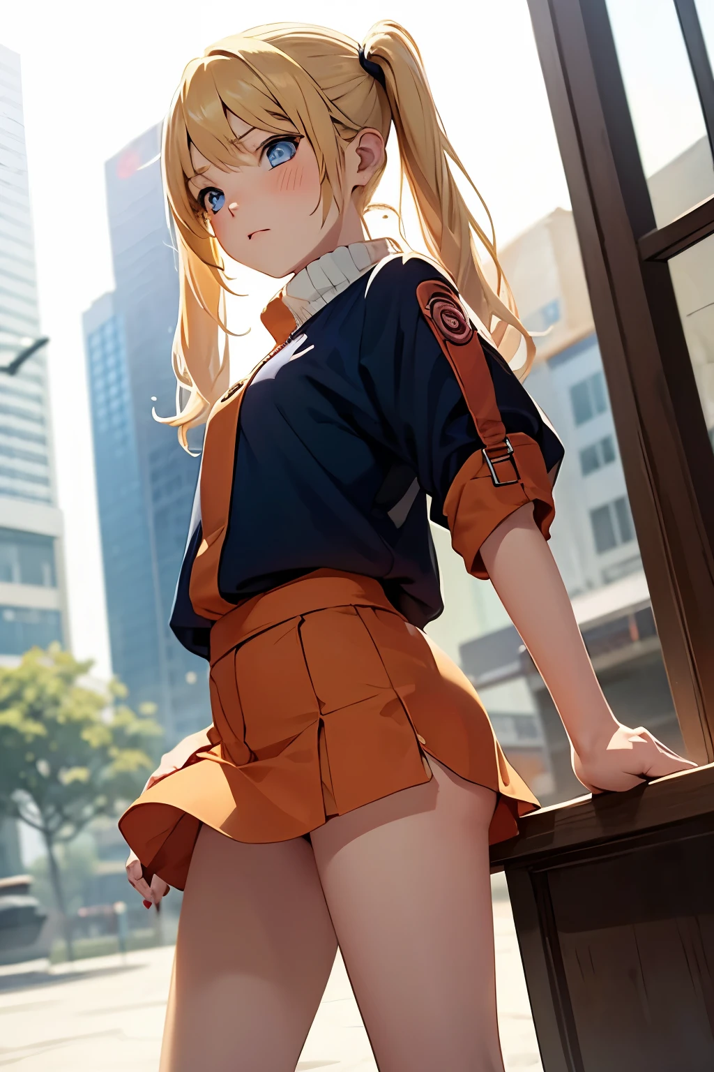 Anime style,  long blonde hair twintails , girl naruto , smu face,  blush, blue eyes,  orange moletom , mini-skirt,  socks , standing pose 