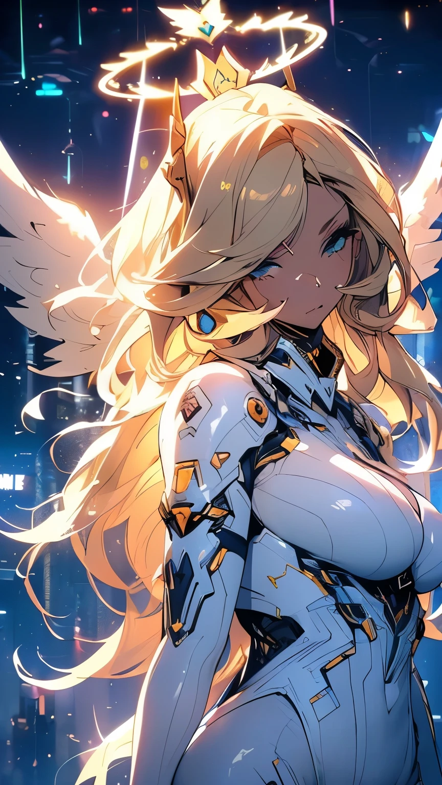 (Blonde long hair angel)、(Huge breasts:1.5)、(メタリックのタイトな白いCyberpunk Suit、Archangel)、(Wide Hips、Thick thighs、curve、(Camel toe:1.5)、(NSFW))、(Cyberpunk Suit)、(Glowing angel halo、Glowing angel wings)、(Cyberpunk space at night)