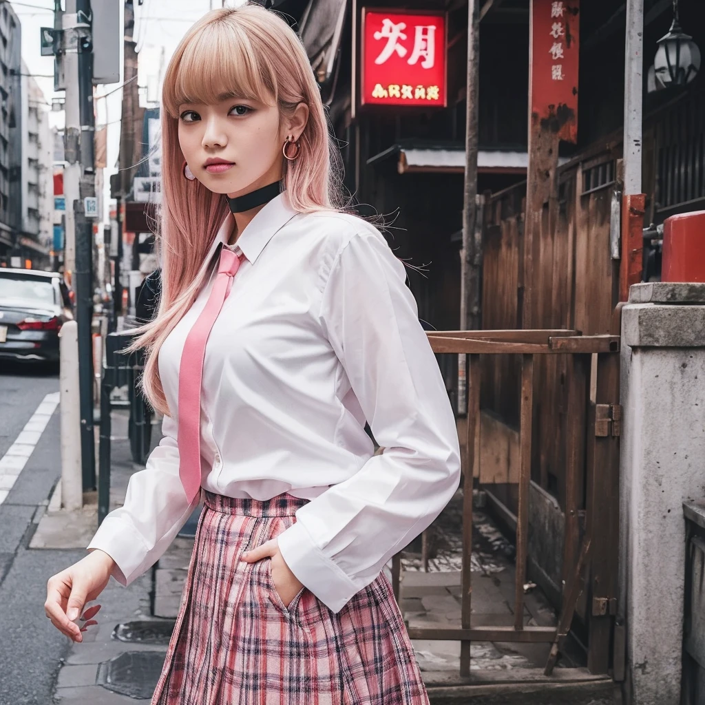 (Please redeem:1.2, Anime artwork, Very detailed, high detail, Digital Coloring, High Contrast, masterpiece:1.2, Please redeem, Best aesthetics), (((Kitagawa Marin, 1 girl))), Blonde, Straight Long Hair, Pink gradient hair, Red eyes, Earrings, White shirt, Black Choker, Blue tie, Check skirt, So embarrassing:1.2, Red cheeks, Please cover your mouth with your hand, Standing, Cowboy Shot, Busy Street, 