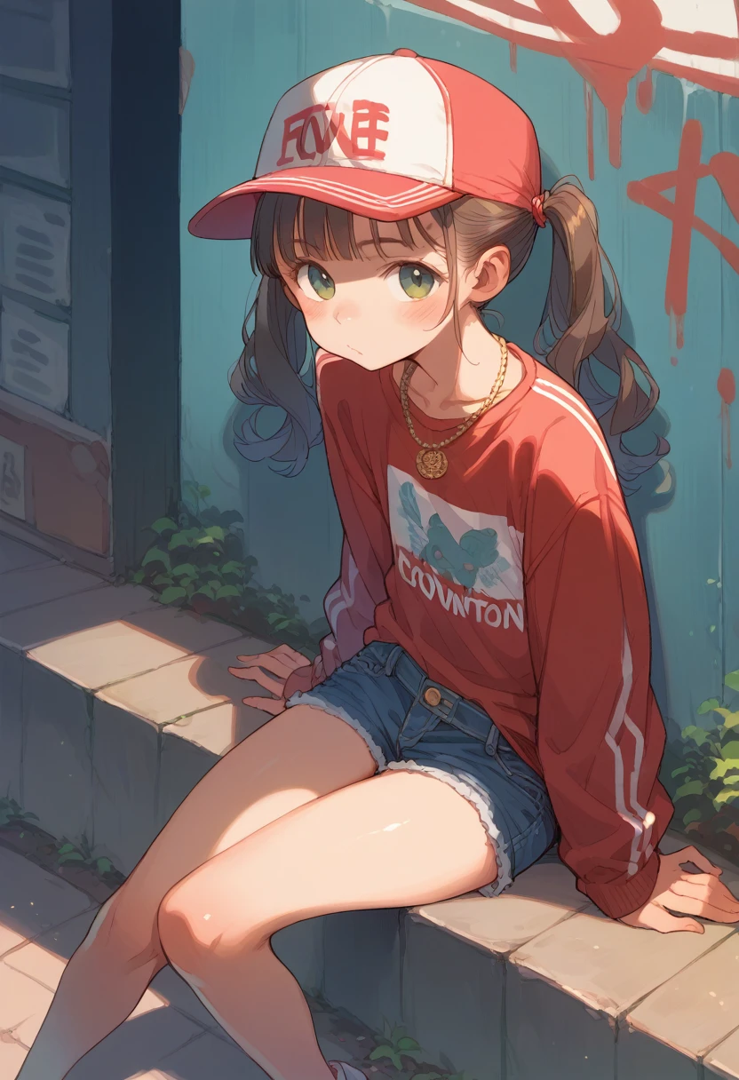 、Twin tails、American Townscape、Pop Culture、colorful、Baseball cap、Denim shorts、Gold Necklace