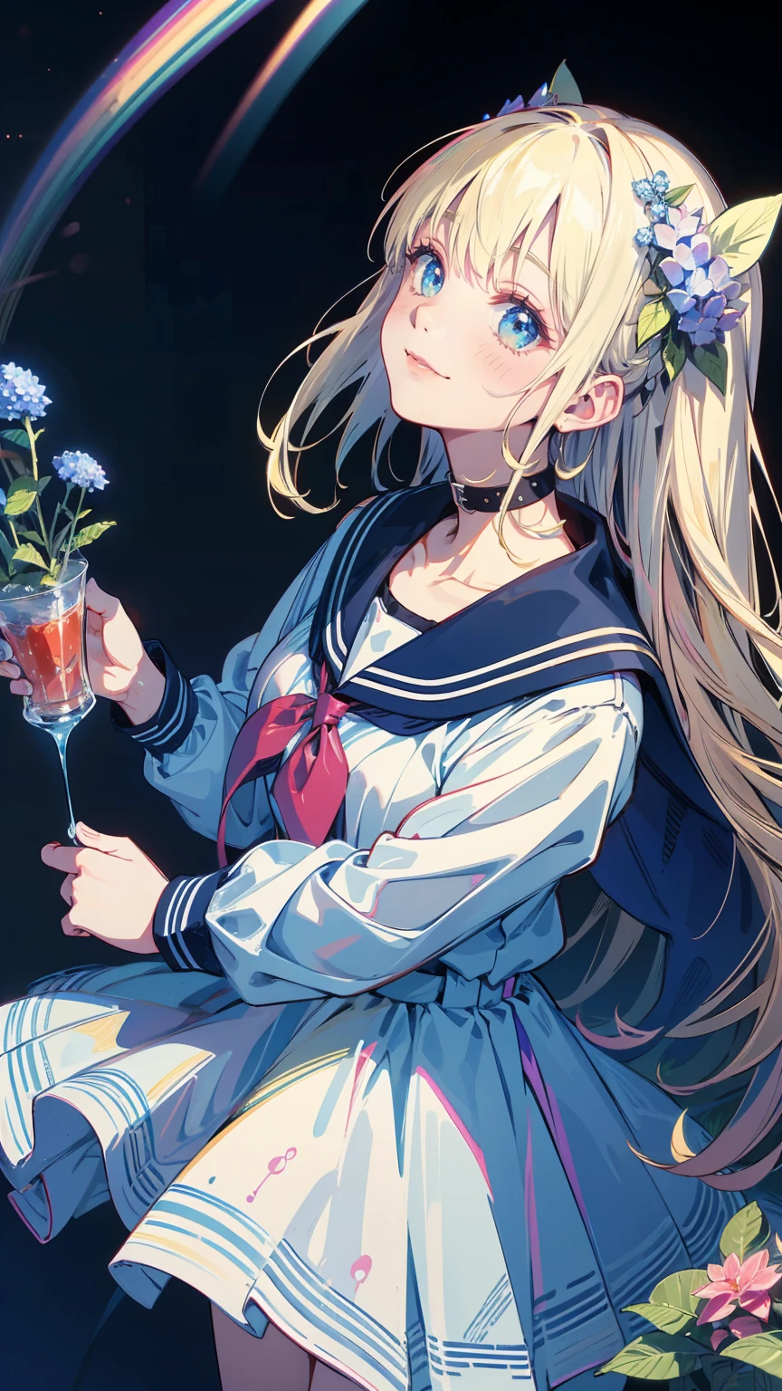 Best Quality,masterpiece,Watercolor style,girl,blonde,blue eyes,White Dress,Red Ribbon Hydrangea,after the rain,rainbow,Looking up at the sky,smile,The light spreads,White Dress,Sailor collar,Long sleeve,Dark blue on the cuff,Line on the cuff,,Shortcuts,