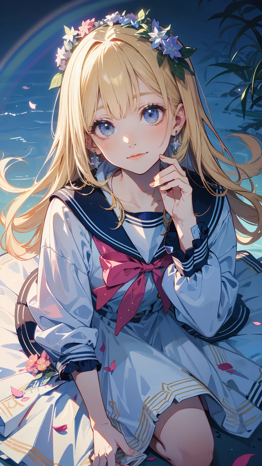 Best Quality,masterpiece,Watercolor style,girl,blonde,blue eyes,White Dress,Red Ribbon Hydrangea,after the rain,rainbow,Looking up at the sky,smile,The light spreads,White Dress,Sailor collar,Long sleeve,Dark blue on the cuff,Line on the cuff,,Shortcuts,