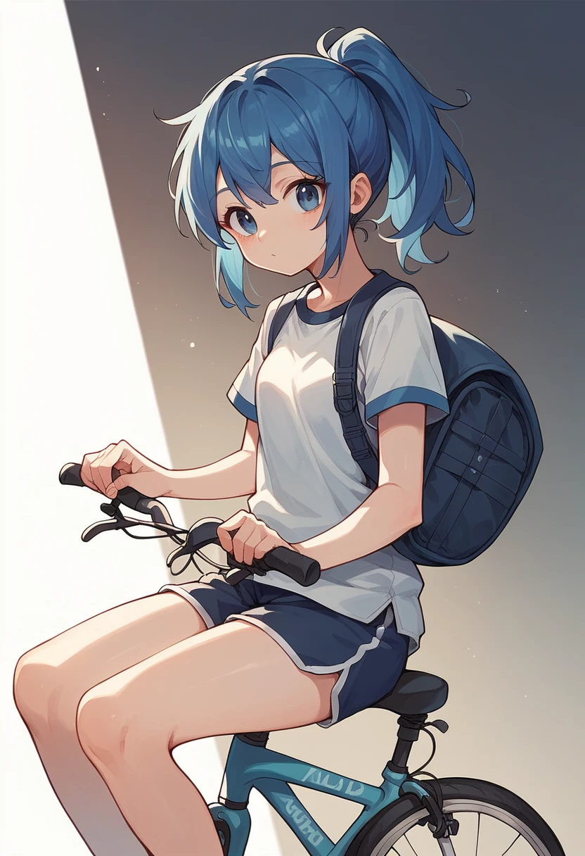 hiquality, tmasterpiece (One girl in kindergarten) cute face, A smirk with teeth on his face, dark hair with two short ponytails and a hair band. blue eyes - children's clothes with a school backpack - panties. bare feet. The background of the street in the park