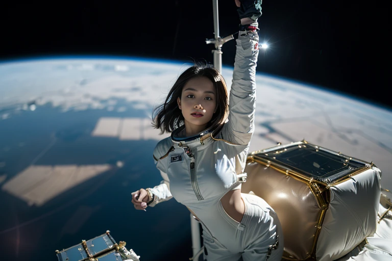 top-quality、​masterpiece、超A high resolution、(Photorealsitic:1.4)、Raw photo、((super realistic details))、portlate、octan render、8K、ultrasharp、(((Hotels inside the space station)))、Female sexy、Bending knees、Mechanical ring-shaped object、Black leather bikini、You can see the earth outside the window、spaceships、cyberpunked、Anatomically correct depiction of a person、Anatomically correct human shape、Inside the Space Escape Pod、Warm colors
