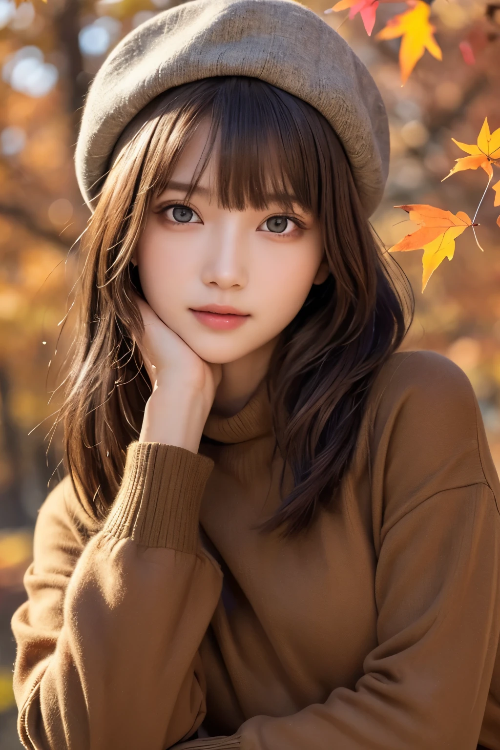 1girl, (a beauty girl, delicate girl, beautiful girl:1.3), (****:1.3),
break, (autumn clothes, beret, long skirt:1.3),
break, (cowboy shot, maple leaves background:1.2),
break, very fine eyes, (symmetrical eyes:1.3),
break, (flat breasts:0.5), (round face, baby face), (brown eyes), parted bangs, (brown hair, short hair:1.2),
break, (eyes and faces with detailed:1.0),
break, (masterpiece, best quality, ultra detailed, detailed face, 8k)