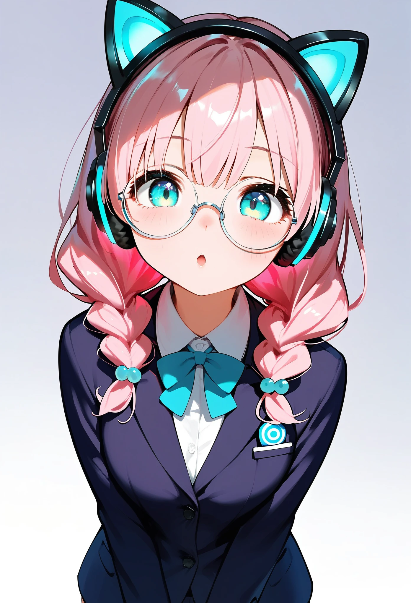  (best quality:1.2), (ultra-detailed:1.2), (2.5D:1.2), (Anime Moe Art Style), 1girl , pink hair,  Cyan eyes, gradient eyes, twin braids, blue Glowing cat ear headphones, black round glasses, blazer, 振り向く, cowboy shot,