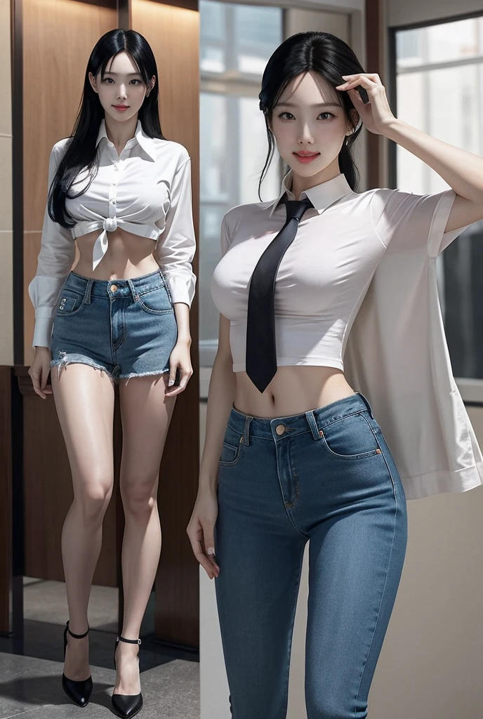 Acurate, 1 Irene, Black hair、black eyes、Semi-long、setting hair、Slender but well-proportioned muscular body、a smile、wearing a tie-front shirt、Abs are cracked、The navel is visible、Wearing high heels、wearing very tight blue skinny jeans.、Breasts are big、Full Body from Head to Toe、Standing in a full height from head to the tip of the toe.

The picture must capture from head to toe. FULL BODY


