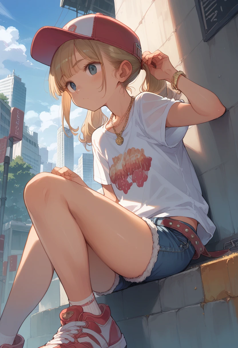 20-year-old woman、Twin tails、New York Cityscape、Pop Culture、colorful、Baseball cap、Denim shorts、Gold Necklace