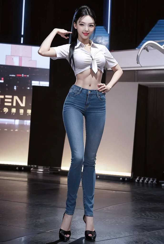 Acurate, 1 Nayeon, Black hair、black eyes、Semi-long、pony tailed hair、Slender but well-proportioned muscular body、a smile、wearing a tie-front shirt、Abs are cracked、The navel is visible、Wearing high heels、wearing very tight blue skinny jeans.、Breasts are big、Full Body from Head to Toe、Standing in a full height from head to the tip of the toe.

The picture must capture from head to toe. FULL BODY


