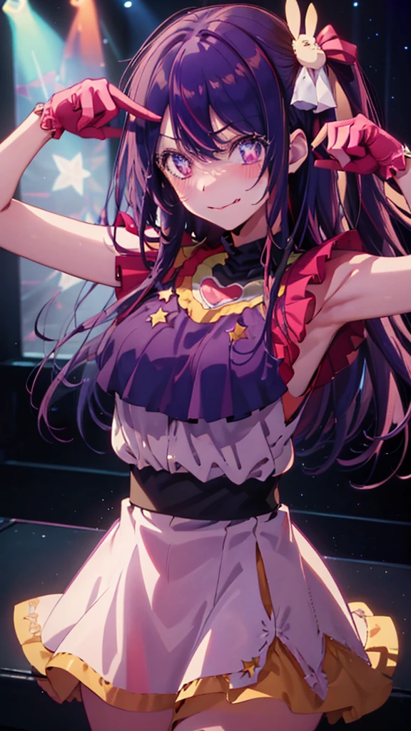 Hoshino Ai, gloves,((tongue sticking out)), Long Hair, (Stars in my eyes:1.3), ((beautiful detail eyes:1.4)),View your viewers, (Purple Hair: 1.2), Purple eyes,frills, pink shirt, smile, Sleeveless, shirt, Idol, Raised hands,Raised arms, isometric, From above, whole body,detailed, Written boundary depth, Peace sign, (Pointing at the audience),Best Quality,(Star in the Eye:1.1),(blush),((textile shading:1.4)),((high detail:1.3))