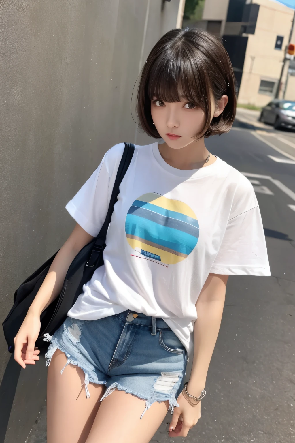 ((highest quality))、(masterpiece:1.4)、Raw photo、8k、((best image quality))、 ((High resolution))、Beautiful face in every detail、realistic human skin、gentle expression、(one woman:1.3 )、realistic、Photoreal、(extra belly short hair:1.4)、(Beautiful woman)、(cute japanese girl)、(boyish:1.35)、((mannish))、((Beautiful woman))、(beautiful hair)、((dark brown hair))、(((red cheeks)))、((sheの目は大きいです))、20 year old beauty、(sheの顔は小さいです:1.7)、small head、((long neck))、white skin、spotless skin、With bangs、Everyone longs for、日本のBeautiful woman、Eight-headed height、(((date)))、((she))、(necklace)、(music festival:1.4)、blue sky、looking at camera、(concert t-shirt)、smile、(oversized clothes:1.3)、happy look、