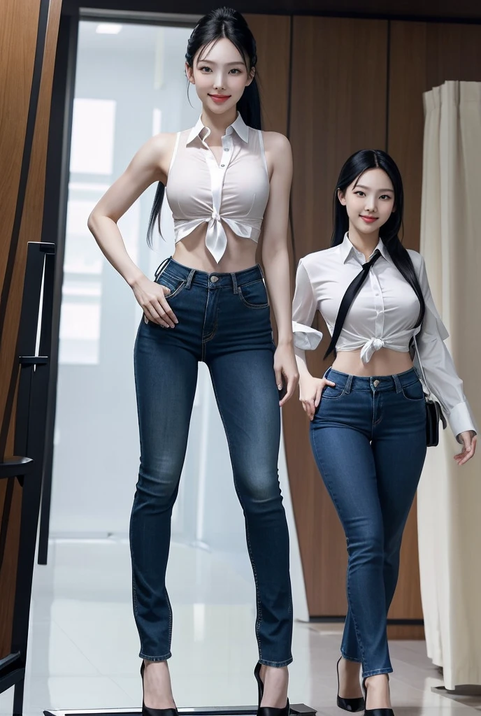 Acurate, 1 Nayeon, Black hair、black eyes、Semi-long、pony tailed hair、Slender but well-proportioned muscular body、a smile、wearing a tie-front shirt、Abs are cracked、The navel is visible、Wearing high heels、wearing very tight blue skinny jeans.、Breasts are big、Full Body from Head to Toe、Standing in a full height from head to the tip of the toe.

The picture must capture from head to toe. FULL BODY


