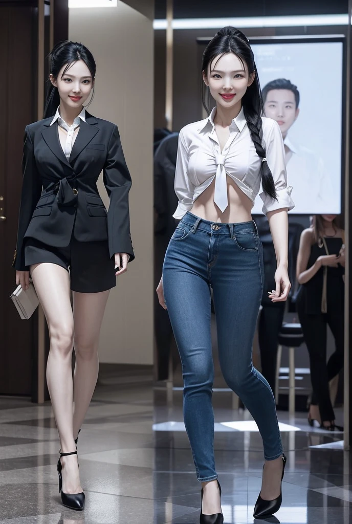 Acurate, 1 Nayeon, Black hair、black eyes、Semi-long、pony tailed hair、Slender but well-proportioned muscular body、a smile、wearing a tie-front shirt、Abs are cracked、The navel is visible、Wearing high heels、wearing very tight blue skinny jeans.、Breasts are big、Full Body from Head to Toe、Standing in a full height from head to the tip of the toe.

The picture must capture from head to toe. FULL BODY


