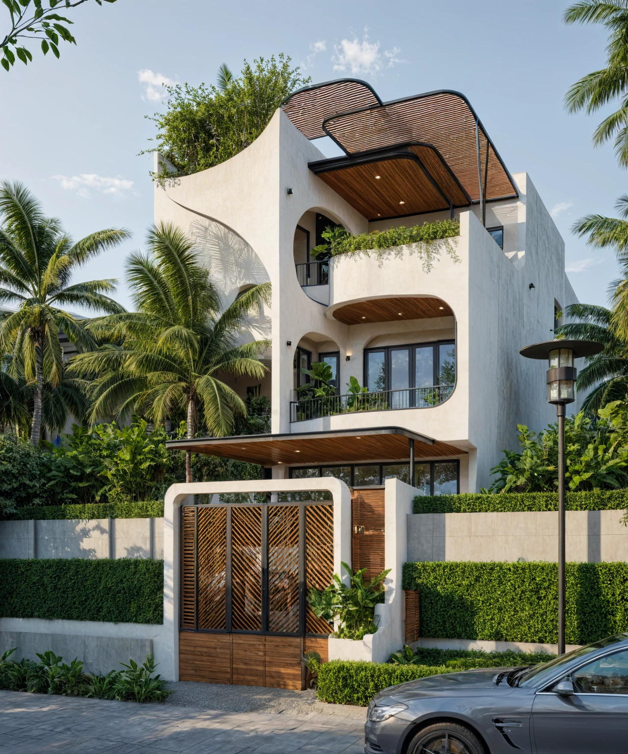 The tall and narrow 3-storey house is modernly designed, with steel gates and wooden details. The outside is painted white, the front wall has many curves. The house has windows on all sides and (wooden and iron ceilings: 1,2). Materials include black steel and wood. The third floor has trees growing on the middle columns, surrounded by tropical vegetation. The scene was shot from a 24mm angle perspective, with soft, natural lighting highlighting textures and materials, creating soft shadows that highlight the curves of the front wall and wooden details.