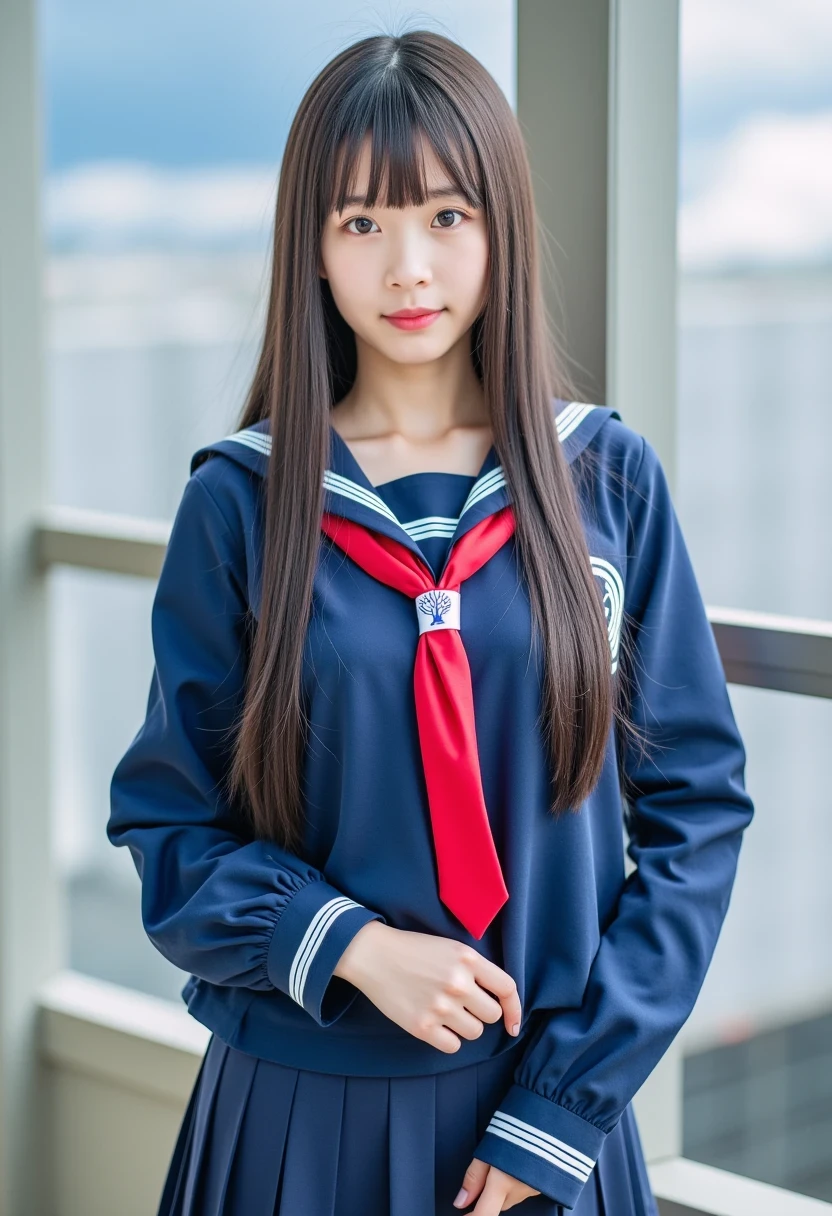 1girl, solo, sailor uniform, beautiful detailed eyes, beautiful detailed lips, extremely detailed face, long eyelashes, standing pose, school, outdoor, cloudy sky, afternoon light, detailed background, (best quality,4k,8k,highres,masterpiece:1.2),ultra-detailed,(realistic,photorealistic,photo-realistic:1.37),vibrant colors,natural lighting