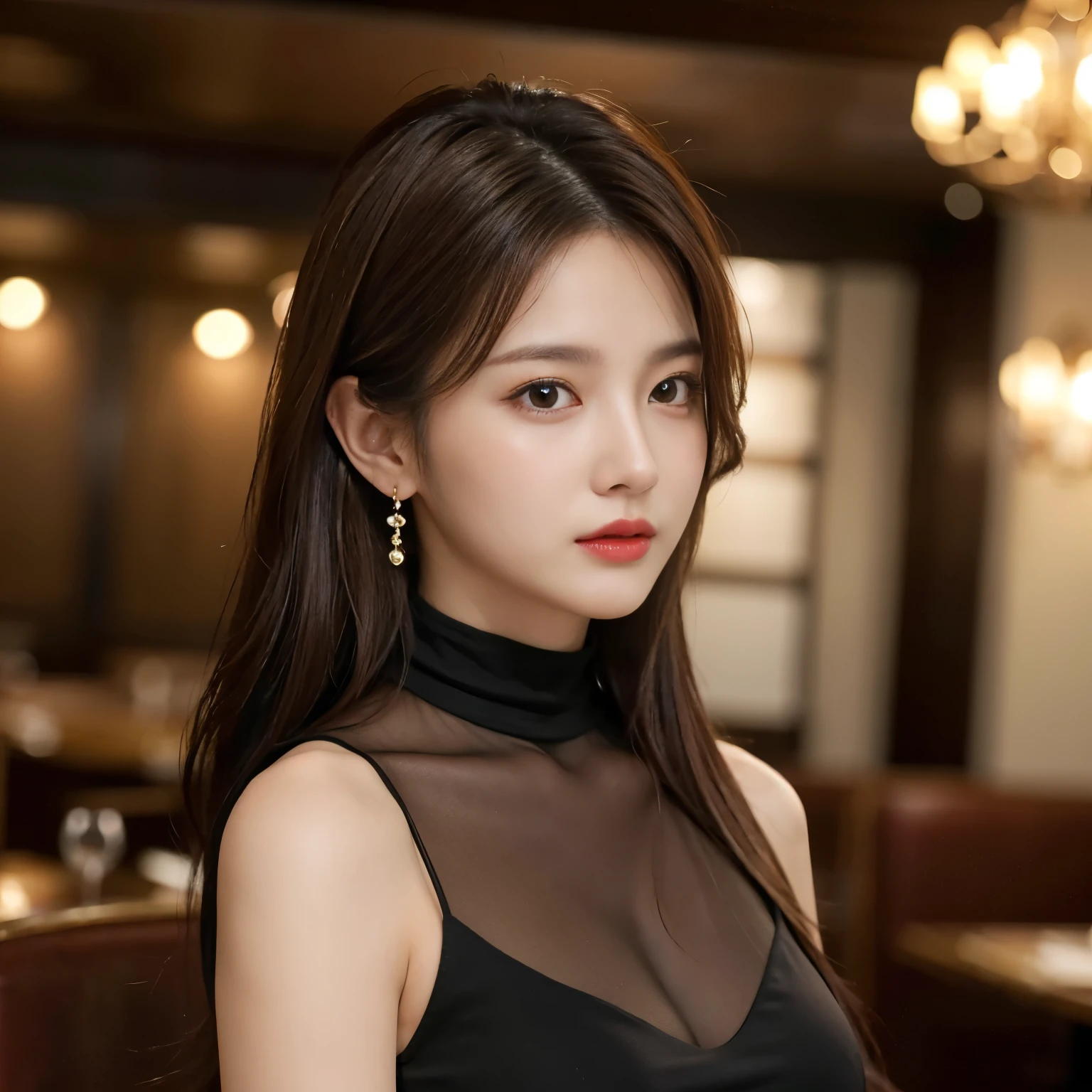 masterpiece, highest quality, Realistic, Very detailed, Finer details, High resolution, 8k wallpaper, One beautiful woman, Wear an elegant black see-through shirt, In a great restaurant, At night, Light brown messy hair, Perfect dynamic composition, Beautiful and beautiful eyes、Big earrings、Sleeveless shirt、