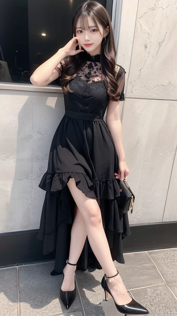 ((masterpiece )),(((Best Quality))),Beautiful thighs,Long legs,Slim figure:1.5，whole body:1.5),(High heels :1.5)，(dress_黒いdress_白いdress_:1.5)，The best smile:1.5，Silver Hair_blonde_Black Hair， Purple eyes_Brown eyes_blue eyes，Semi-long_Long Hair_Curly Hair，One girl, solo, High resolution, Long Hair, Hair covering one eye, Parted bangs, Hime cut, 