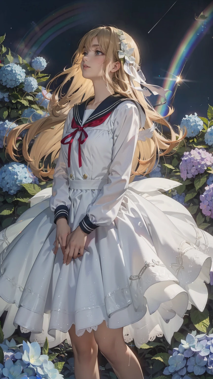 Best Quality,masterpiece,Watercolor style,girl,blonde,blue eyes,White Dress,Red Ribbon Hydrangea,after the rain,rainbow,Looking up at the sky,smile,The light spreads,White Dress,Sailor collar,Long sleeve,Dark blue on the cuff,Line on the cuff,,Shortcuts,