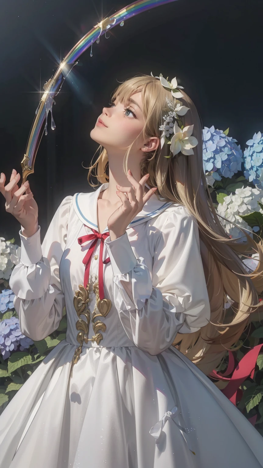 Best Quality,masterpiece,Watercolor style,girl,blonde,blue eyes,White Dress,Red Ribbon Hydrangea,after the rain,rainbow,Looking up at the sky,smile,The light spreads,White Dress,Sailor collar,Long sleeve,Dark blue on the cuff,Line on the cuff,,Shortcuts,