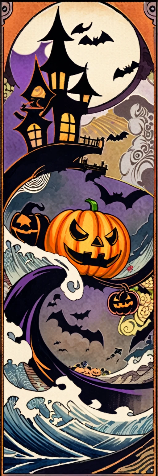 (halloween:1.8),  no humans, background only, best quality, super fine, 16k, incredibly absurdres, extremely detailed, 2.5D, delicate and dynamic, fusion of watercolors and oil paintings, mix of Japanese painting, ukiyo-e and woodblock prints, abstract symbolism, mystery, the big bang, no humans, 