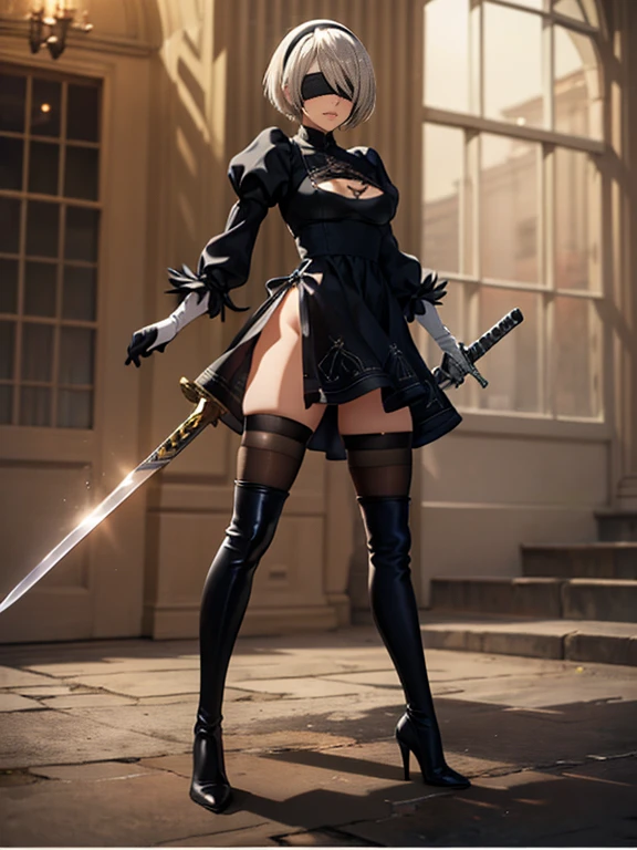 2b, One girl, Alone, short hair, thighhighs, gloves, Long sleeve, dress, holding, Clevis, Medium Breast, standing, whole body, arms, Gray Hair, Hairbands, boots, Puff sleeves, sword, black thighhighs, Black shoes, holding arms, mole, black dress, High heels, leotard, Clothes cutouts, thigh boots, Holding a sword, Clevis cutout, knife, black Hairbands, Juliet Sleeve, mole under mouth, To the audience, high heel boots, Blindfold, I hid my eyes, black Blindfold, Feathered sleeves, masterpiece, 