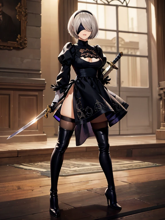 2b, One girl, Alone, short hair, thighhighs, gloves, Long sleeve, dress, holding, Clevis, Medium Breast, standing, whole body, arms, Gray Hair, Hairbands, boots, Puff sleeves, sword, black thighhighs, Black shoes, holding arms, mole, black dress, High heels, leotard, Clothes cutouts, thigh boots, Holding a sword, Clevis cutout, knife, black Hairbands, Juliet Sleeve, mole under mouth, To the audience, high heel boots, Blindfold, I hid my eyes, black Blindfold, Feathered sleeves, masterpiece, 