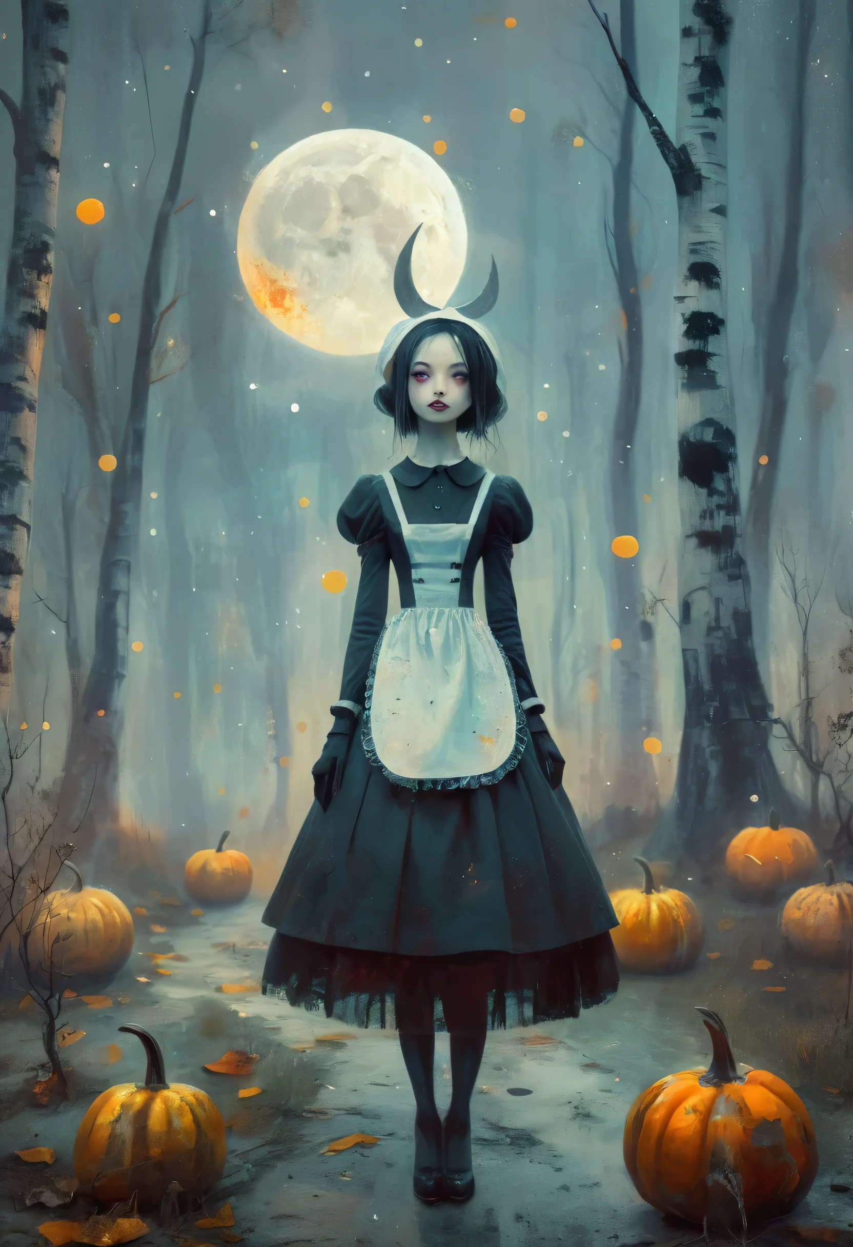 panoramic, whole body, (Pretty young attractive girl, Intense Gothic Maid) 、Full moon night, birch forest and pumpkins, Starry Night, ((Matthias_Adleson Style!)), Hazy atmosphere, Surrealism, The absurdity of kindness, Attraction and rejection of chaotic appearances, The art of simple magic, primitivism, Protogen, , ((Best Quality, masterpiece)), ((More detailed)), (impression:1.2), 8k