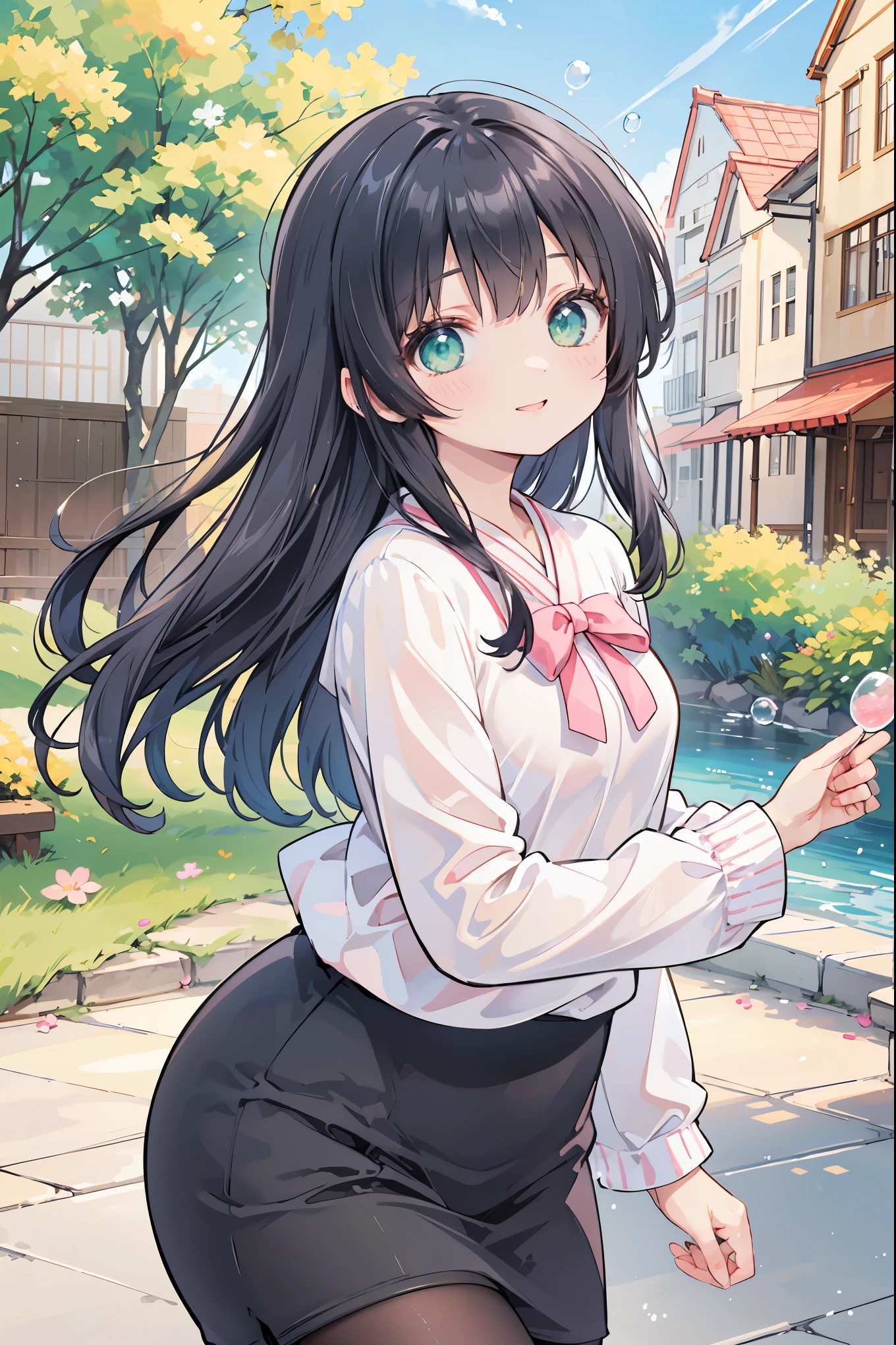 ((Best Quality, 8k, masterpiece: 1.3)),animation,Human Girl,solo,１By people,((Petite,Glamorous Body,Curvy)),cute,Making bubbles with a straw,Smiling face,((Her long black hair sways in the strong wind)),Beautiful emerald green eyes,((Pink long sleeve blouse)),With blue sky in the background,Lots of big and small soap bubbles,Japanese Landscape,Look to the side,Bust Shot,