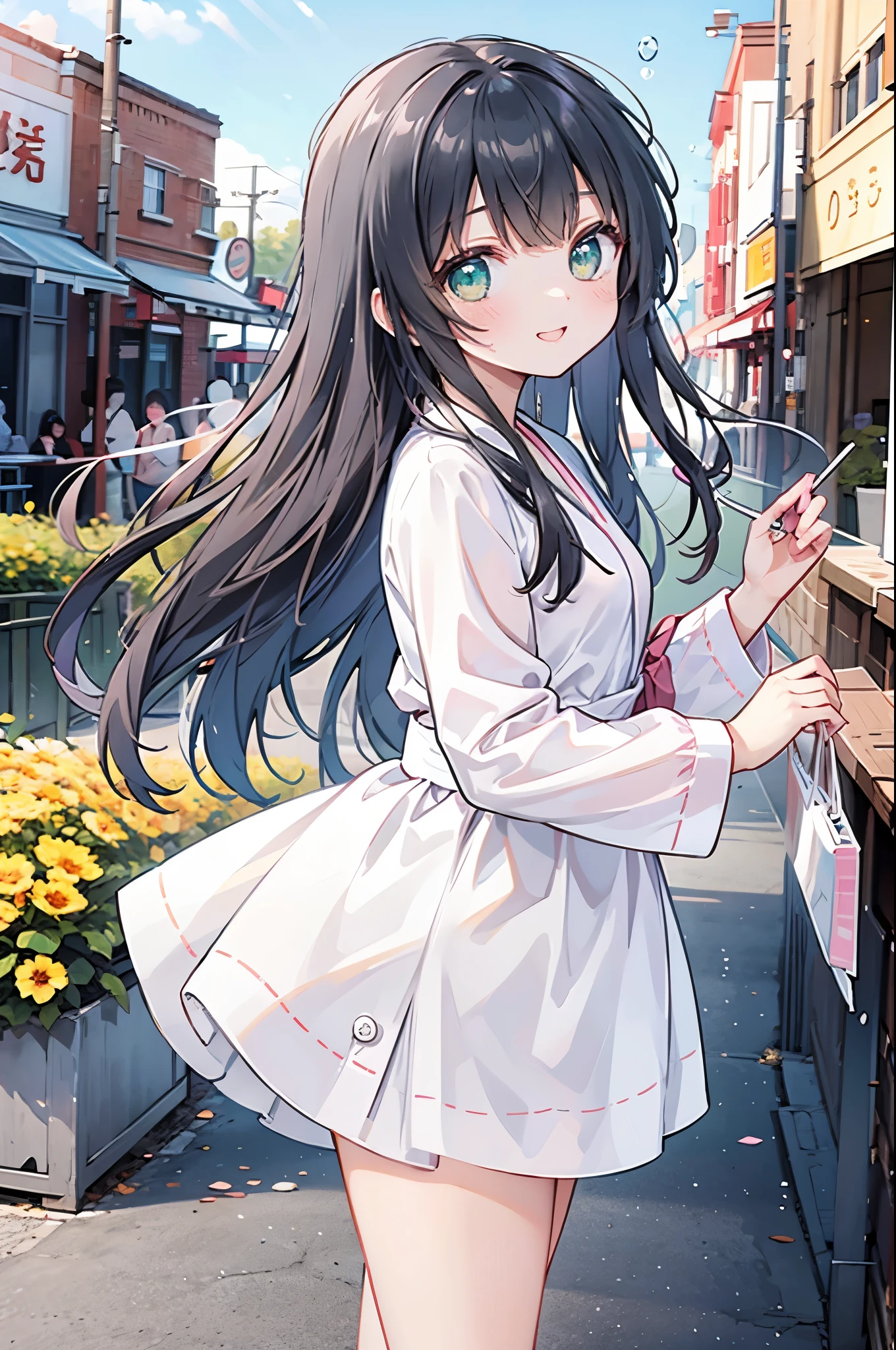 ((Best Quality, 8k, masterpiece: 1.3)),animation,Human Girl,solo,１By people,((Petite,Glamorous Body,Curvy)),cute,Making bubbles with a straw,Smiling face,((Her long black hair sways in the strong wind)),Beautiful emerald green eyes,((Pink long sleeve blouse)),With blue sky in the background,Lots of big and small soap bubbles,Japanese Landscape,Look to the side,Bust Shot,