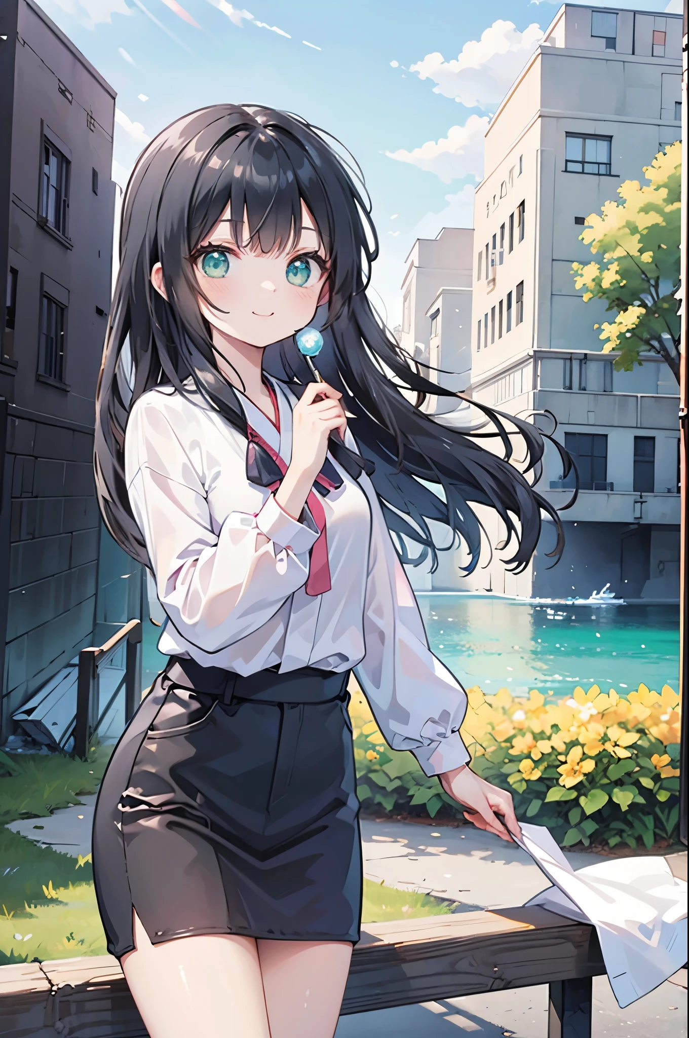 ((Best Quality, 8k, masterpiece: 1.3)),animation,Human Girl,solo,１By people,((Petite,Glamorous Body,Curvy)),cute,Making bubbles with a straw,Smiling face,((Her long black hair sways in the strong wind)),Beautiful emerald green eyes,((Pink long sleeve blouse)),With blue sky in the background,Large and small々Soap bubbles are flying,Japanese Landscape,Look to the side,Bust Shot,