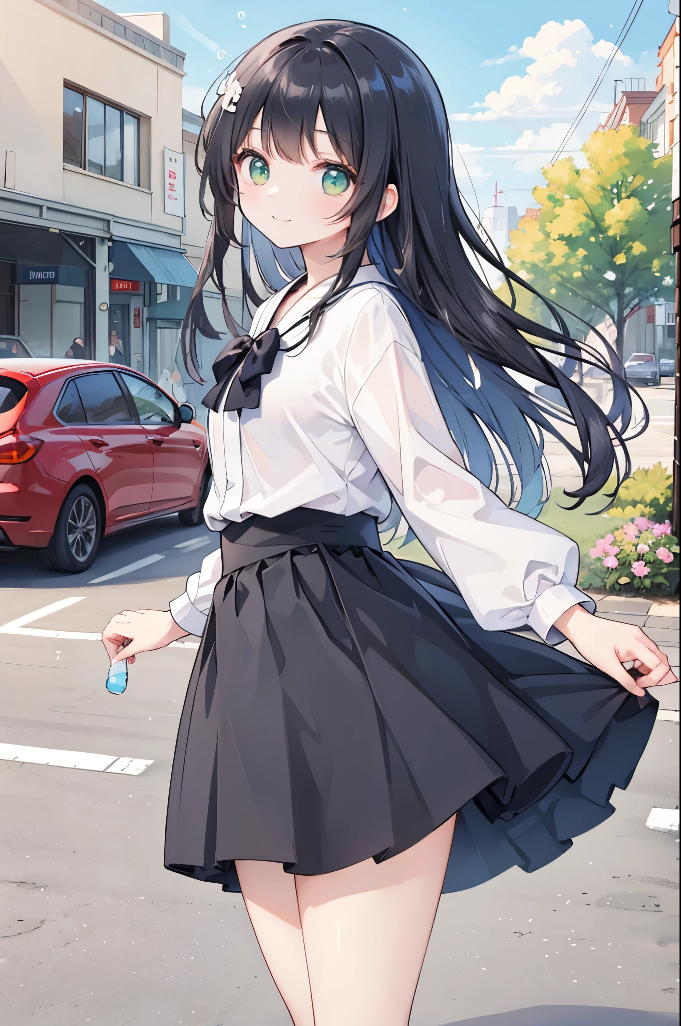 ((Best Quality, 8k, masterpiece: 1.3)),animation,Human Girl,solo,１By people,((Petite,Glamorous Body,Curvy)),cute,Making bubbles with a straw,Smiling face,((Long black hair fluttering in the wind)),Beautiful emerald green eyes,((Pink long sleeve blouse)),With blue sky in the background,Large and small々Soap bubbles are flying,Japanese Landscape,Look to the side,Bust Shot,