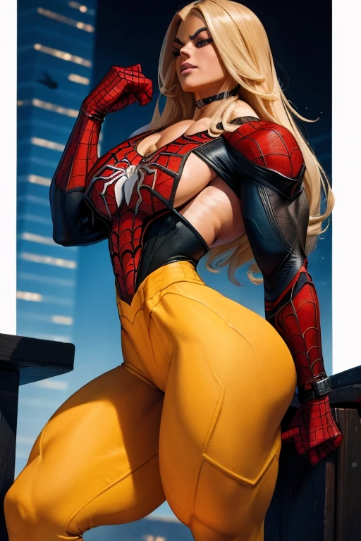 Beautiful blonde woman detailed defined body using golden spider-man role play,gigantic cleavage breasts,Split legs,Show details of private parts,Abs,no muscular abs