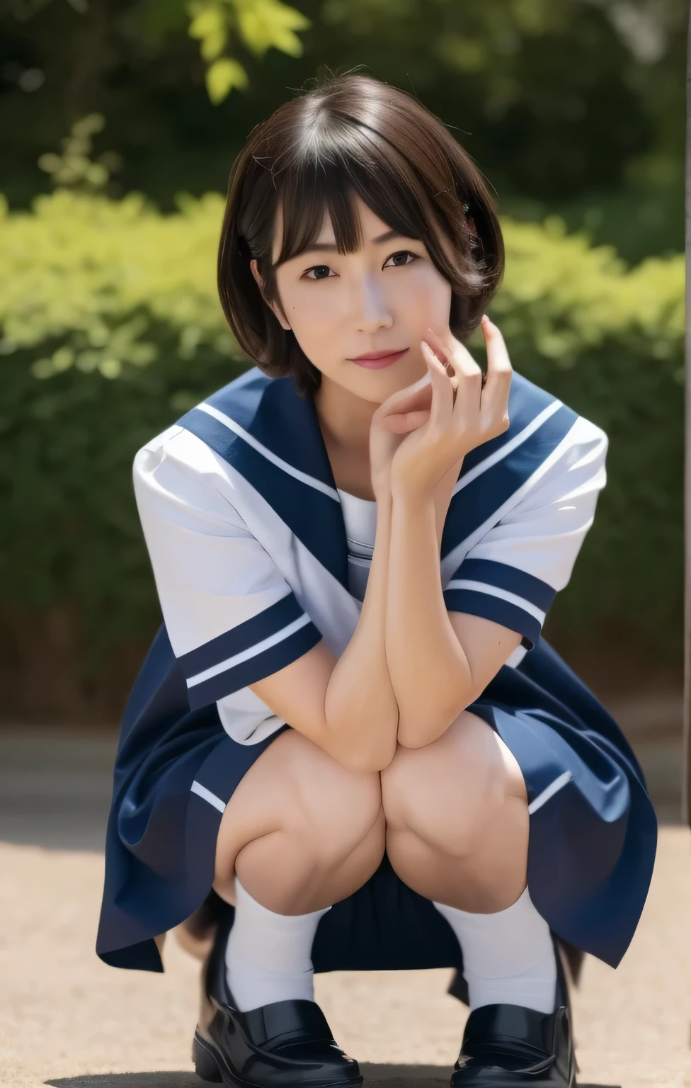 Beautiful detailed face of Japanese MILF, Beautifully finished lips with lip gloss, Sensual expression, ((Large Breasts)), (Wearing a white sailor uniform from a Japanese high school), ((Squatting outside)), shallow depth of field, ((seen from ground)), (Best Quality,8k,masterpiece:1.2),Super detailed,(Realistic,photoRealistic,photo-Realistic:1.37),Intricate details,Stunning full-body portrait,Dramatic lighting,cinematic,elegant, Pixie Cut、Navy Blue Skirt、Voluminous hairstyle、Short sleeves、((I can see her panties between her thighs)), nsfw, Black leather shoes、Navy blue socks