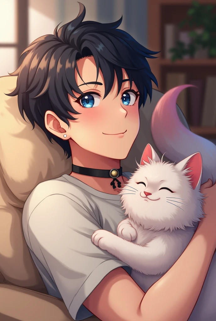 A guy with black hair and blue eyes is playing with a white kitten, anime