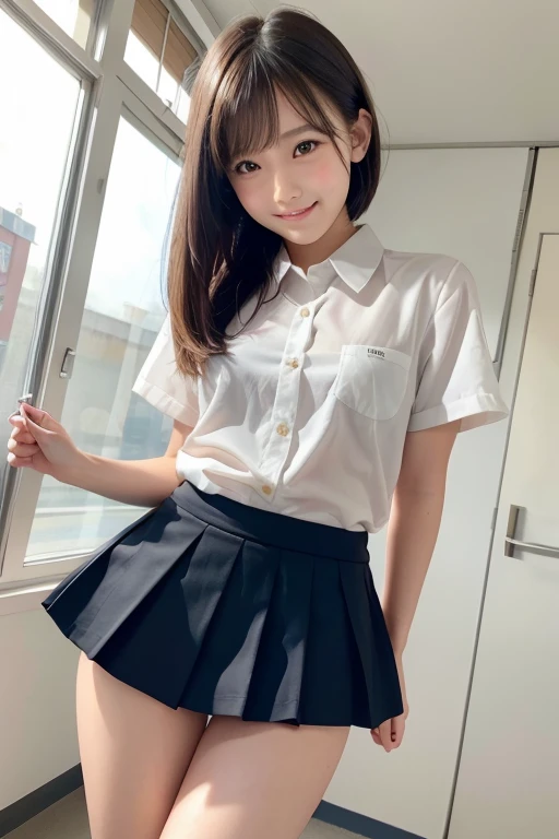 in school, idol, One girl, Japanese, , Elementary school studs, No body hair, Thin legs,tention to detail, Highest quality, High resolution, bobbed hair, short bob, ponytail, Middle school students, Elementary school student,dy, close up of face, smm, see through, upskirt, pas, mini skirt, Anatomically correct, Textured skin, high quality, high quality, high details, best quality, highres, super detail, accurate, high details, best quality, highres, super detail, accurate, high quality