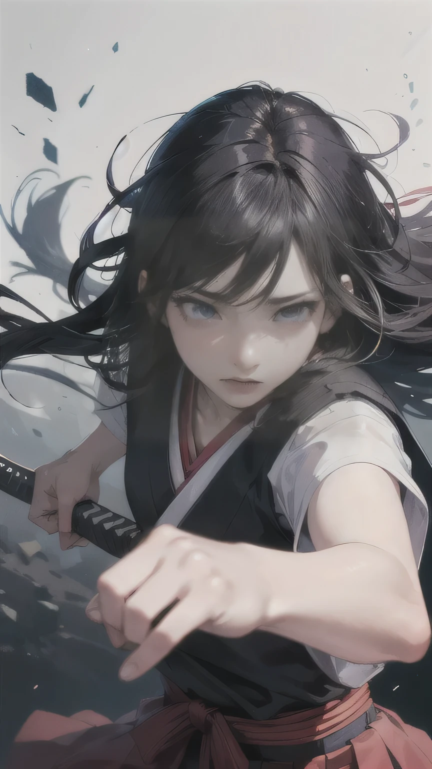 Best Quality,Super detailed,Realistic,Traditional Japanese art style,Dramatic lighting,Japanese girl, Iaido Expert, Long, messy black hair, Capture her agility and skill, He is holding a bloody Japanese sword in his right hand., Functional, There's blood on your face.