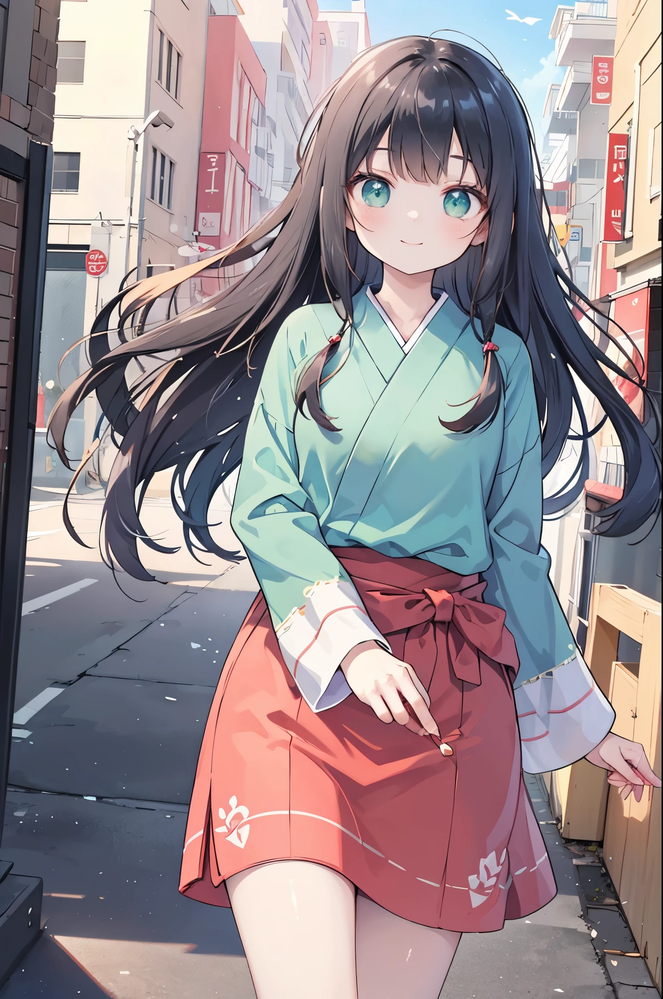 ((Best Quality, 8k, masterpiece: 1.3)),Anime Style,Human Girl,solo,１By people,((Petite,Glamorous Body,Curvy)),cute,Making bubbles with a straw,Smiling face,((Long black hair fluttering in the wind)),Beautiful emerald green eyes,((Pink long sleeve blouse)),With blue sky in the background,Large and small々Soap bubbles are flying,Japanese Landscape,Look to the side,Bust Shot,