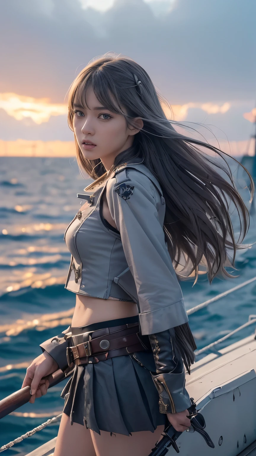 (Special quality:1.2), (very detailed:1.2), (very detailed clothes:1.2), (very detailed face:1.2), (very detailed eyes:1.2), (very detailed body:1.2), (very detailed weapons:1.2), pirate girl, Gray Serafuku , Torn clothes, to break out , Different hair colors , high angle sea, lights in the background, Standing and shouting on the mast of a ship , high place , Clinging to the boat&#39;s mast