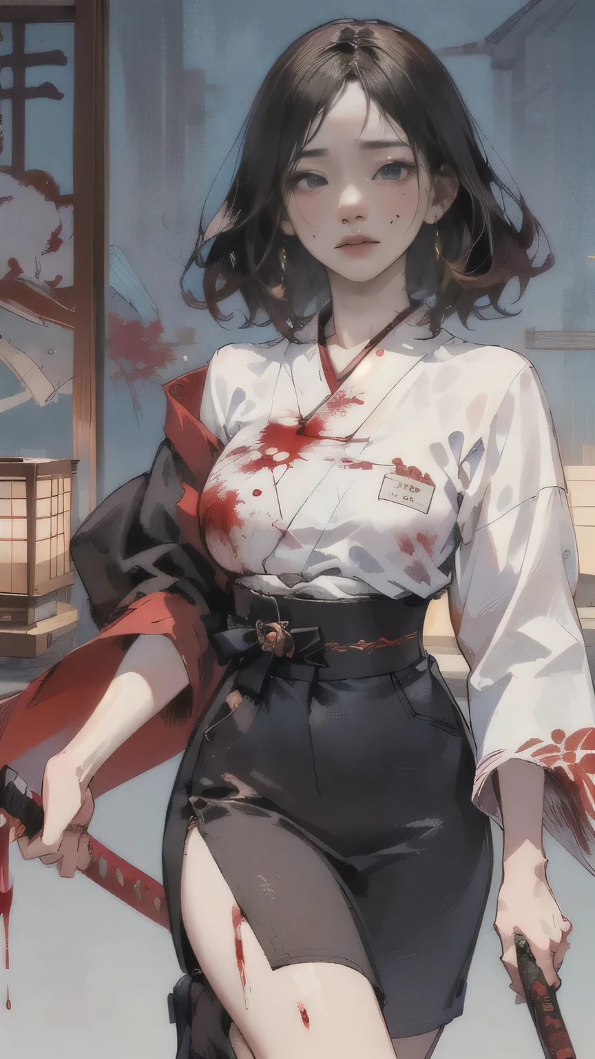 Please redeem,Very detailed,Realistic,Traditional Japanese art style,Dramatic lighting,Japanese , Master of Iaido, length, Dirty black hair, Capture her agility and skill, He is holding a bloody Japanese sword in his right hand., Functional, There was blood on his face.