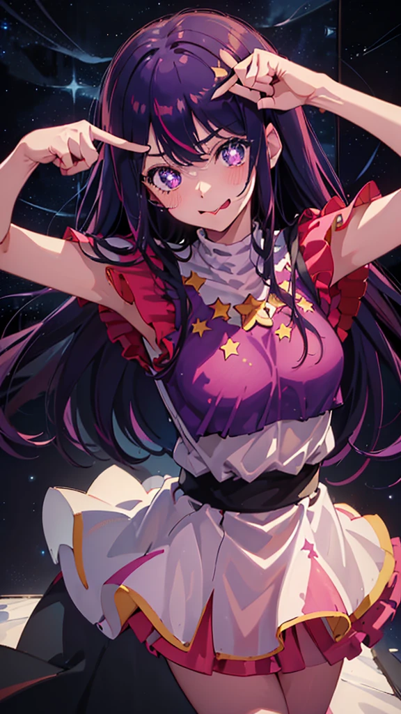 1girll，（（There is a five-pointed star in the eye））Gorgeous Hair in Long Purple，Smile，Open mouth，Christmas dress，natta，themoon，snowfield, ((Her clothes are open and her nipples are visible))