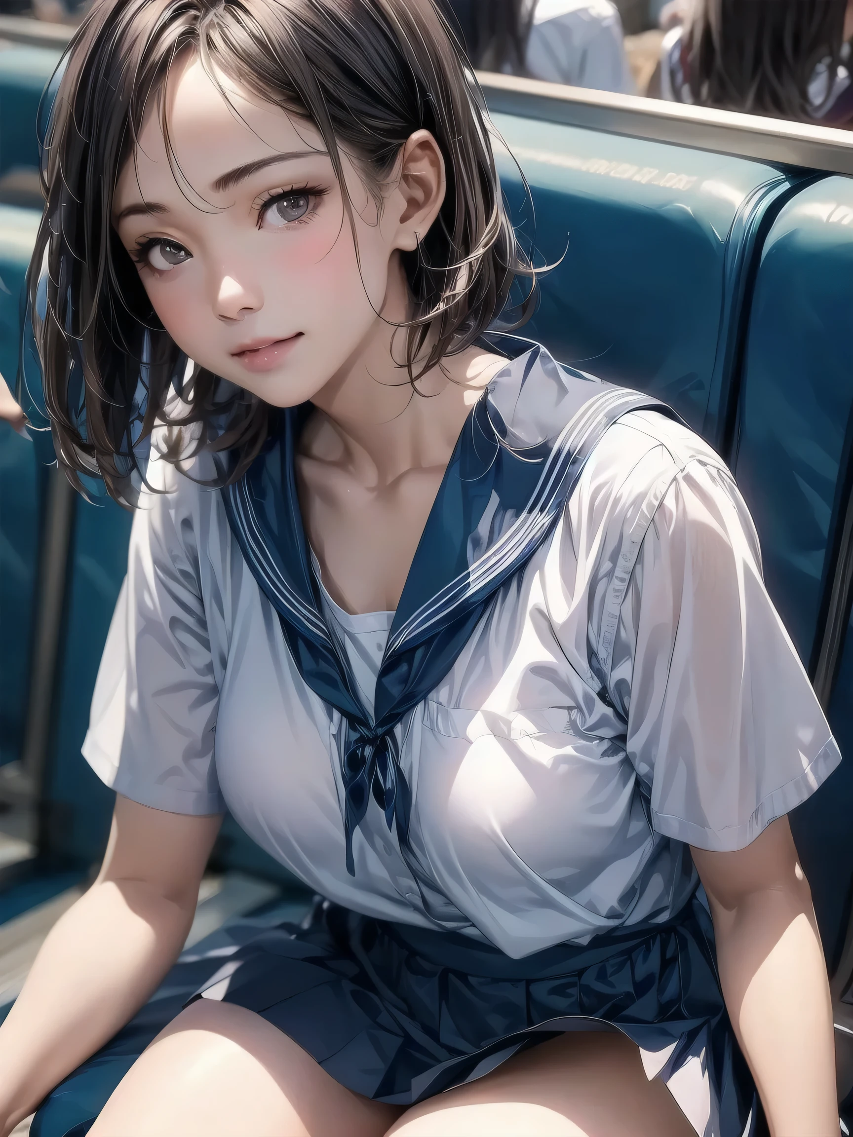 "(masterpiece, High resolution, Ultra High resolution, 4K) Black Hair,Short Hair, Japanese Girls , Uniform skirt, Accentuate your thighs,  Soft thighs, Great thighs, Sitting on a train, Facing angle, (Angle from below),sitting on a train seat,sitting in front,Crotch Zoom Camera,Put your feet on the train,whole body,Looking down sleepily,Only watching the audience", Please redeem, White underwear is visible,超High resolution, (Realistic:1.4),, High resolution, detailed, RAW Photos, Shapuri, Nikon D850 film stock photo by Lee Jefferies 4 Kodak Portra 400 camera F1.6 lens rich colors hyper Realistic lively textures dramatic lighting unreal engine artstation trends cinestir 800,