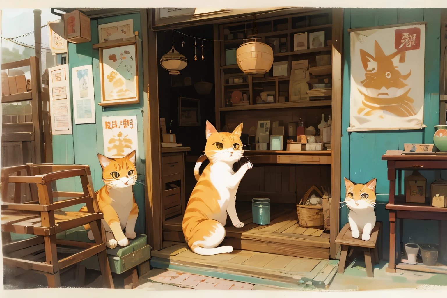 1calico cat icon, Ghibli style, Poster cat, anime style, maneki cat, antique shop