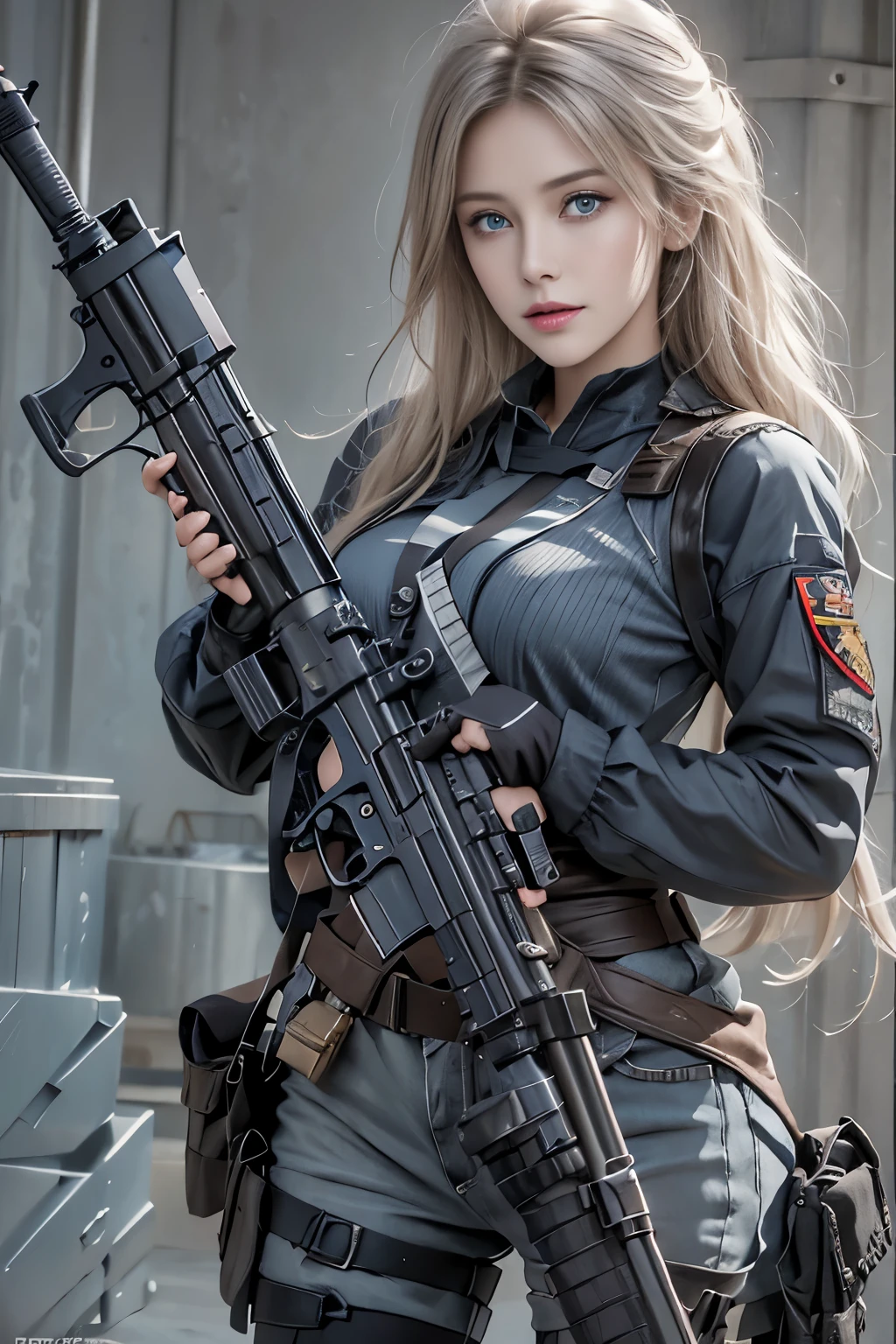 realistic, High resolution, 1 female, , alone, sexy, hip up, beautiful blue eyes, (detailed face), Tight light gray color military bodysuit, Assault rifle, jewelry, portrait,