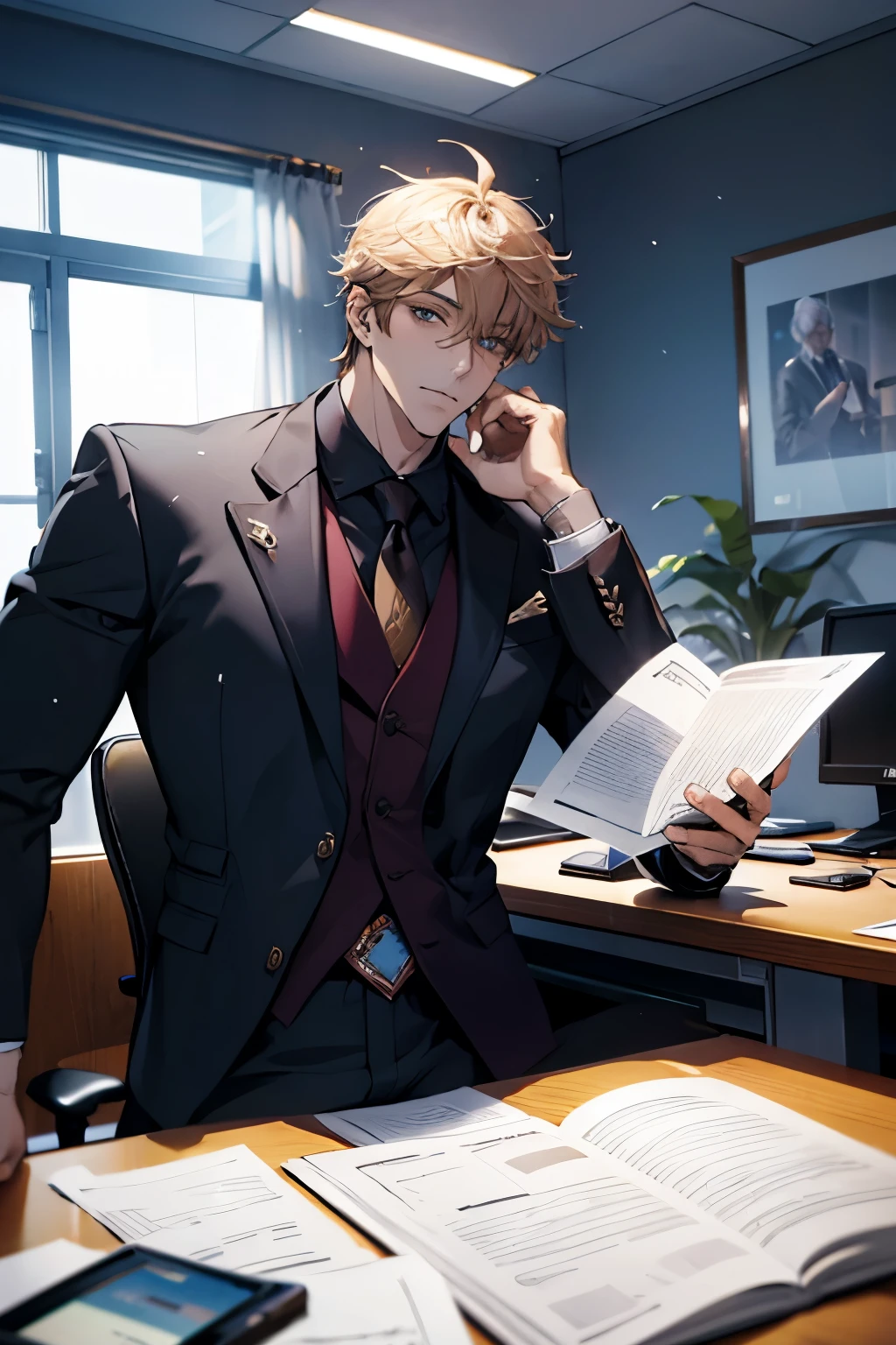 Tartaglia sitting on his desk in his office, ceo, muscle, hot, snowy weather, wearing a formal suit, cool weather