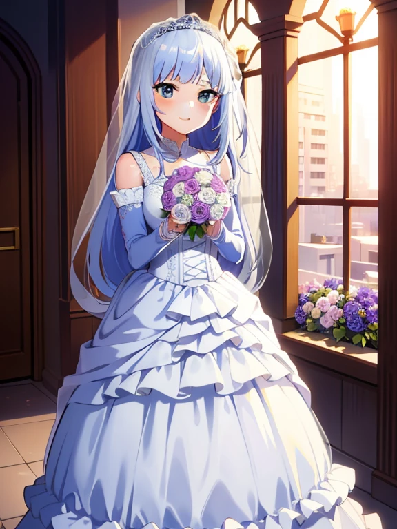 ，Wedding Dresses，bride，marriage，Beautifully dressed，Glossのある服，Clothing lace，Clothing lace，Big Skirt，Lace trim，Standing posture，Be positive，Flowers in hands，smile，Lightweight yarn,bouquet,Princess Line ,Wedding veil,Gloss, Long Hair, low-tied Long Hair, Straight bangs