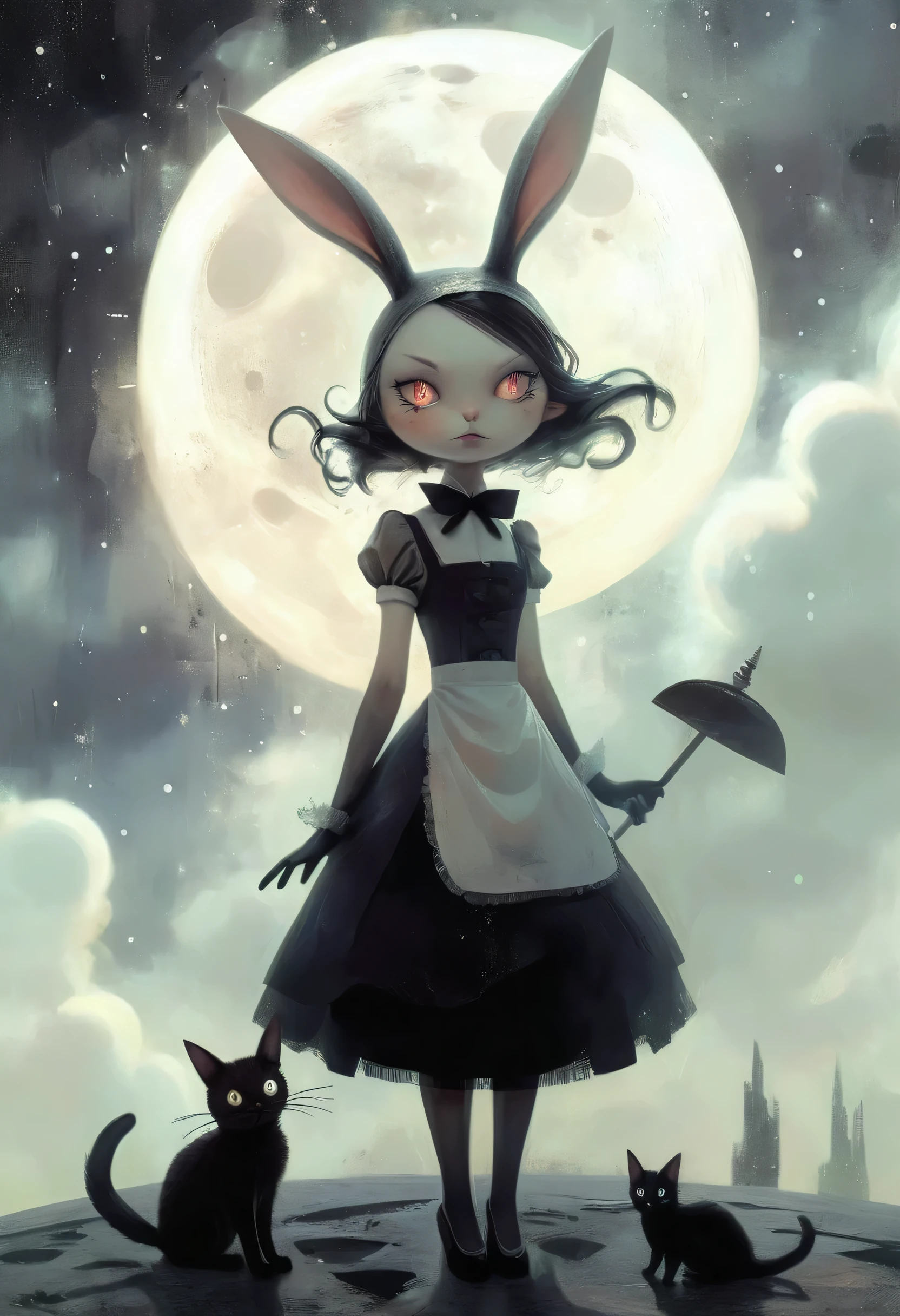 panoramic, whole body, (Pretty young attractive girl, Intense Gothic Maid, bunny) 、Full moon night, cat and black cat, Starry Night, ((Matthias_Adleson Style!)), Hazy atmosphere, Surrealism, The absurdity of kindness, Attraction and rejection of chaotic appearances, The art of simple magic, primitivism, Protogen, , ((Best Quality, masterpiece)), ((More detailed)), (impression:1.2), 8k