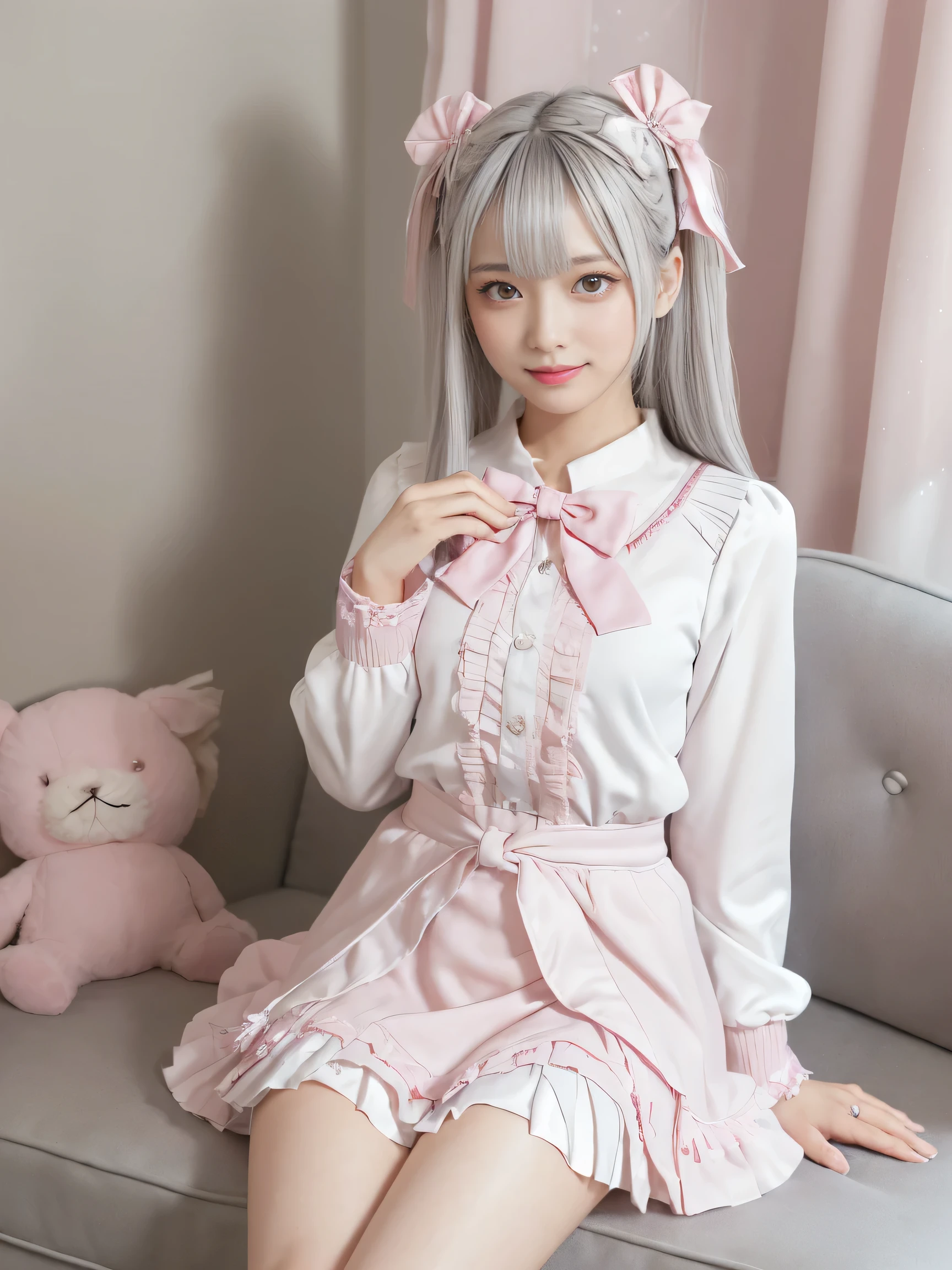 (((real picture, very real, 8K, realistic photos, no different from reality))), (((Asian girl, nice fingers, perfect hands, perfect fingers, ergonomic))),a super cute 20-year-old woman, ((she has silver hair, straight hair)),((she has silver hair, straight hair)),((she has silver hair, straight hair)),((she has silver hair hair)),She was wearing a pink and white ruffled sailor-neck dress, miniskirt, Japanese idol style, (((AKB48 uniform))), long sleeves, white bow tie, Japanese idol costume, dancing and singing happily, She is lively, playful and cute, with pink bow hair accessories in her hair, she is so cute as a dream, (((blunt bangs))), hair behind ear,(( long hair,Two side up hair styles)),(( long hair,Two side up hair styles)),(( long hair,Two side up hair styles)),(( long hair,Two side up hair styles)),(( long hair,Two side up hair styles)),(( long hair,Two side up hair styles)),(((Super cute photo pose))),(((in a surper cute pink girly room))),((innocent expression, smile)),((Pink eyes, heavy makeup, looking innocent, coquettish, innocent expression, smile)),(((Half-length to waist shot))), (((pink eyes))), (((pink eyes))), (((pink eyes))), (((pink eyes))), (((pink eyes))), (((pink eyes))), (((pink eyes)))，((miniskirt, miniskirt dress))，((flat chest))，((flat chest))，((flat chest))，((flat chest))，((flat chest))，((flat chest))，((flat chest))，((pink Ruffled sailor collar))，(((in a cafe))),(((sitting))),(((miniskirt))),((Clothes cover chest))，(((in a cafe)), (((long hair))), (((silver hair))), (((silver hair))), (((silver hair))), (((silver hair))), ((silver straight hair, two sides up)), ((silver straight hair, two sides up)), ((silver straight hair, two sides up)), ((silver straight hair, two sides up)), ((silver straight hair, two sides up)),(((solo)))